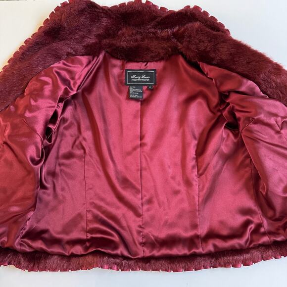 Jerry Lewis Luxuries Burgundy Faux Fur Coat Satin Ribbon Time Size Medium EUC - Picture 6 of 10